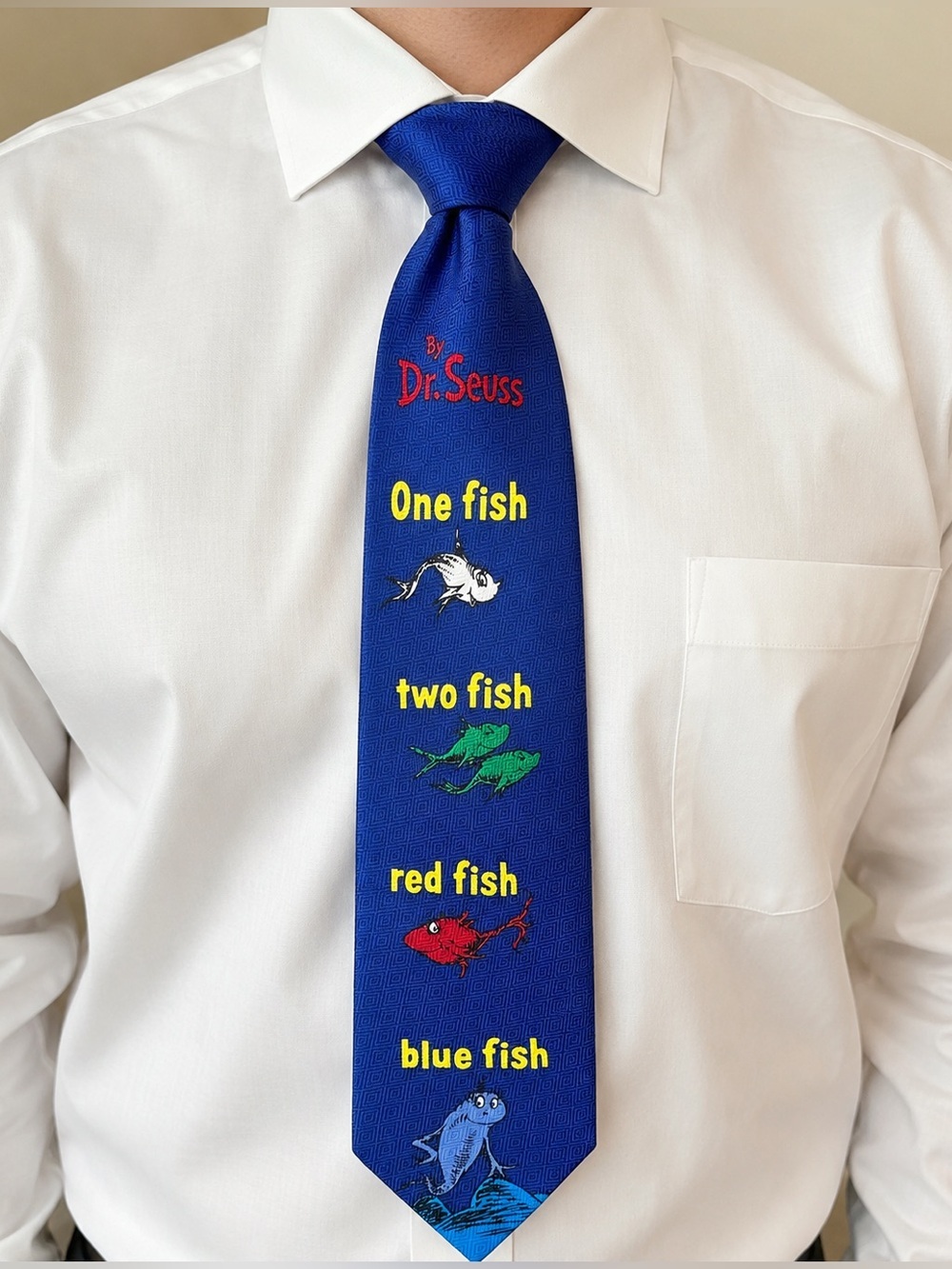 Dr. Seuss One Fish Two Fish Novelty Necktie Teacher Librarian Geek Blue Fun G77